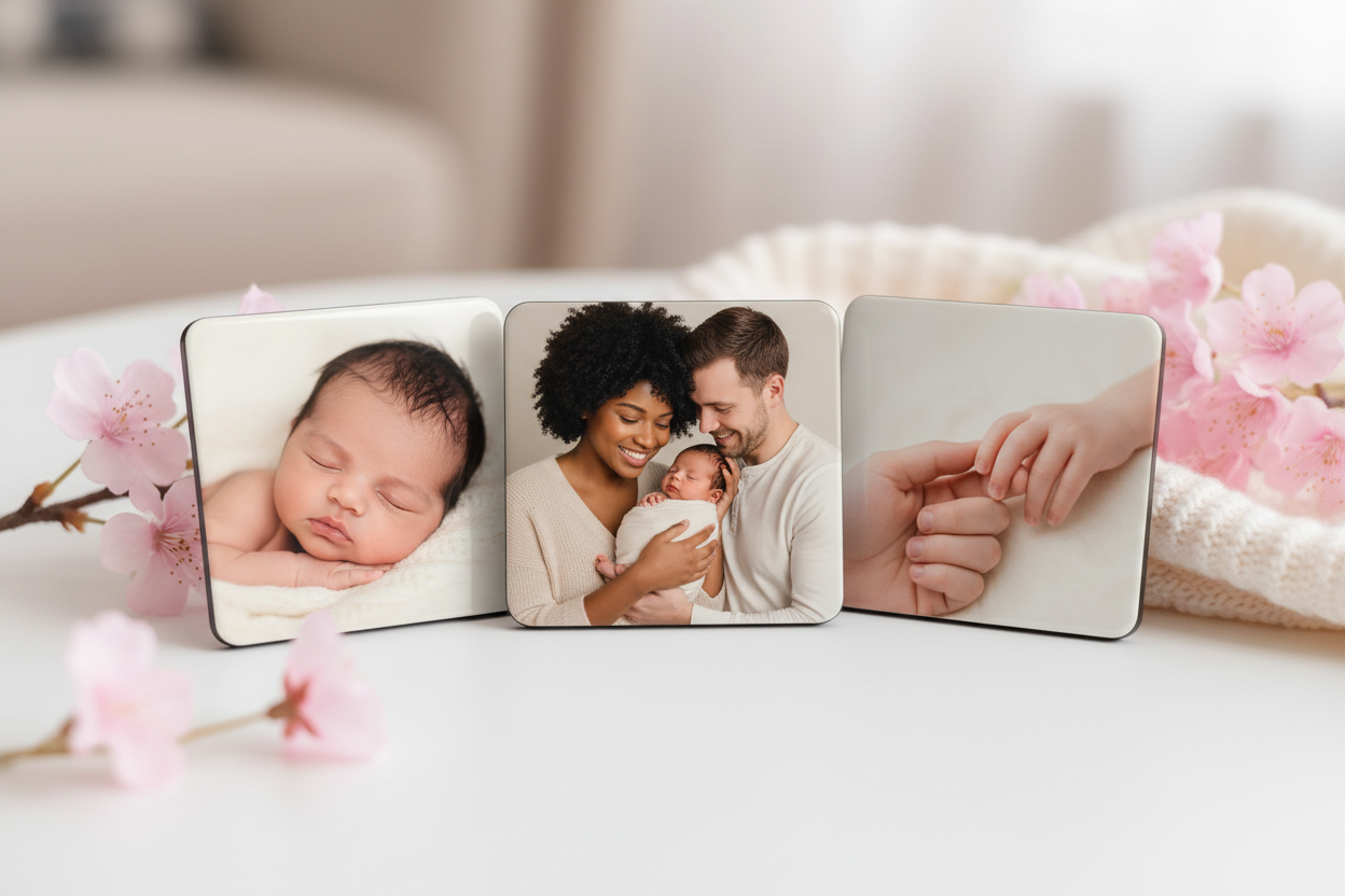 2x2 photo magnets with birth announcement featuring a couple holding their newborn baby